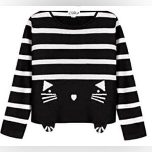 EUC. Size 8.  Girls Bella Danna  Black & White Striped Cat Face Sweater